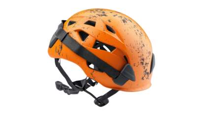 Rock climbing safety helmet with straps and scratches, realistic details, background isolated on a Transparent background, PNG file.