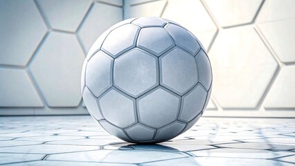 White futuristic soccer ball on geometric pattern floor and wall background
