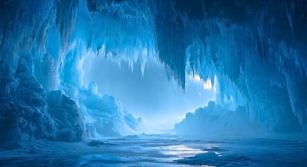 Majestic blue ice cave with shimmering icicles hanging from the ceiling and frozen formations creating a mystical winter wonderland landscape