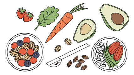 Healthy eating vegan food illustration with fruits vegetables and grains for balanced diet plan