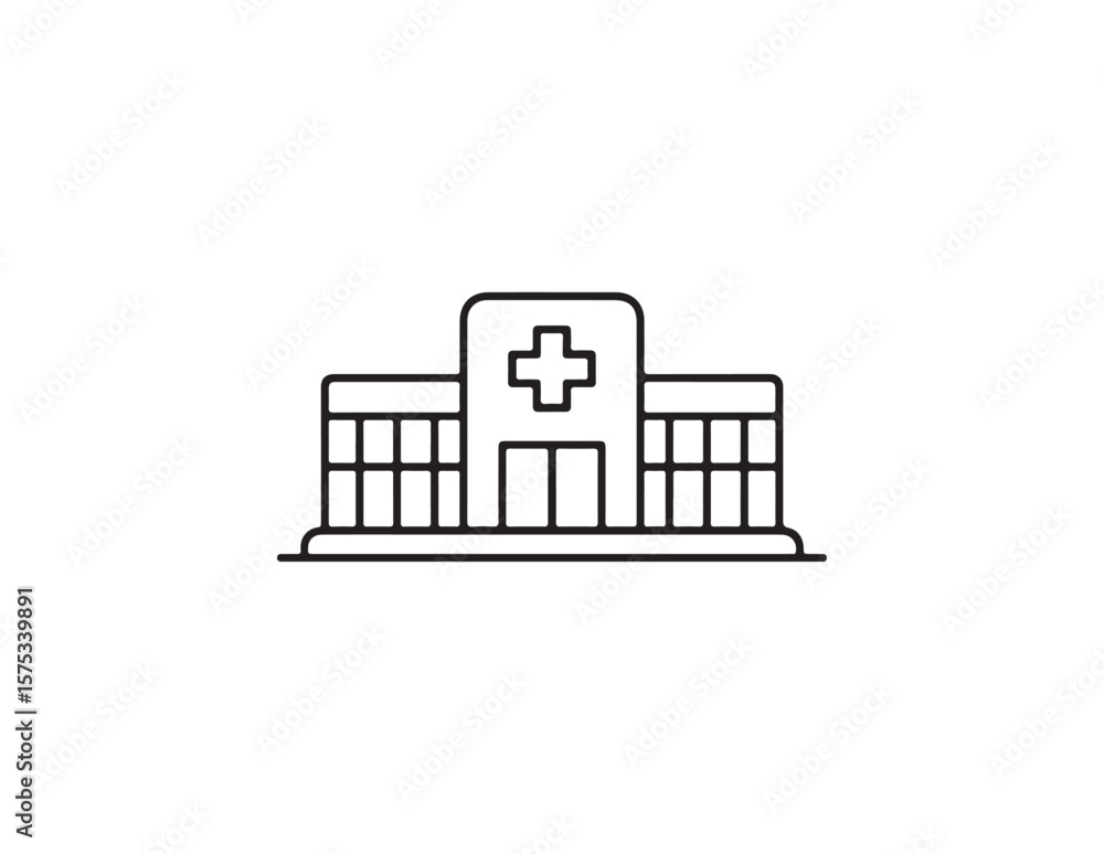 Poster simple line art icon of a hospital building with a cross symbol isolated on white background