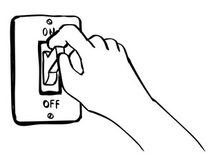 Drawing sketch style illustration of a light switch being turned on or power on with isolated background done in black and white line art.