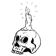 Drawing sketch style illustration of a skull with lit or lighted candle burning light on top on isolated background done in black and white line art.