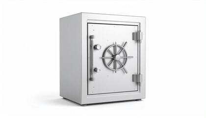 A grey metal security safe with a mechanical combination dial and a three-spoke locking handle, designed for secure storage of valuables in homes or offices.