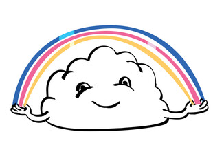 Drawing sketch style illustration of a happy cloud making a rainbow on isolated white background done in cartoon art style