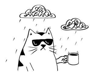 Cartoon character drawing style illustration of a fat cat with coffee mug under rain cloud raining on isolated background done in black and white.