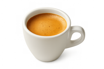 Freshly brewed espresso with golden crema resting in pristine white ceramic cup against transparent backdrop