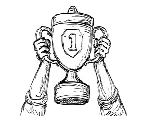 Drawing sketch style illustration of hands raising sports championship trophy front view on isolated background done in black and white line art.