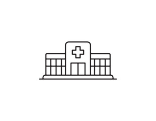 Simple line art icon of a hospital building with a cross symbol isolated on white background