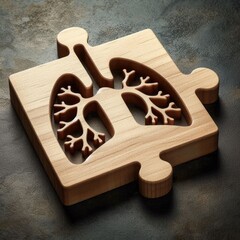 Wooden puzzle piece with lung shape engraved, placed on dark textured surface