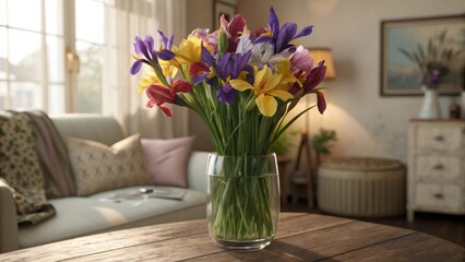 Iris Bouquet in Glass Vase on Wooden Table in Living Room