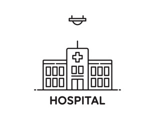 Simple line art icon of a hospital building with a cross symbol and the word hospital isolated on white background