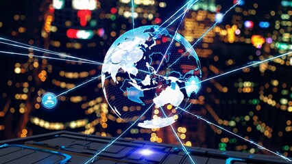 Digital world map showing connections between people and cities, symbolizing global communication and social networks in a futuristic technological environment