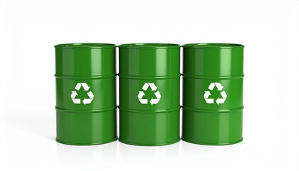 Three green barrels with white wind turbine symbols arranged in a triangular formation, placed on a light surface—symbolizing renewable energy, sustainable resources