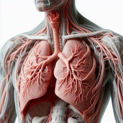 3D rendered medical model of the human respiratory system showing detailed inner structure of lungs