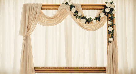 Vintage Wedding Frame Decorated with Flowers and Drapes for Mockup