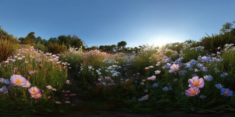 Panoramic 360 degrees hdr nature scene in vibrant flower field