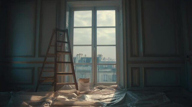 Renovation scene of a classic Parisian apartment with ladder and window view