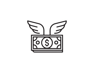 Stylized black outline icon of a dollar bill with wings isolated on white background