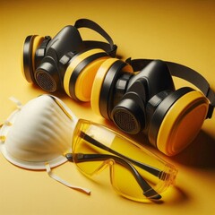 A pair of safety goggles and a respirator mask