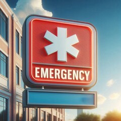 Bold red EMERGENCY sign mounted on hospital exterior wall