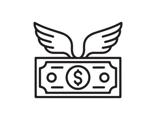 Simple line art icon of a dollar bill with wings isolated on white background © md