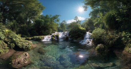Panoramic hdr 360 degrees waterfall view nature landscape serenity