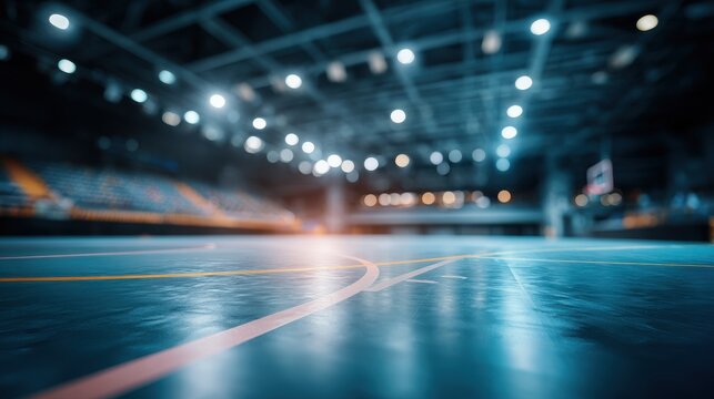 Stunning photo of blurred background of a futsal arena with an empty court and seating area. The image captures the indoor sports facility, highlighting the court markings and.