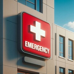 Bold red EMERGENCY sign mounted on hospital exterior wall