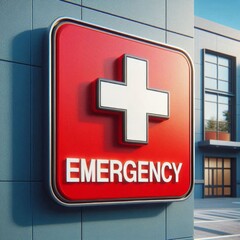 Bold red EMERGENCY sign mounted on hospital exterior wall