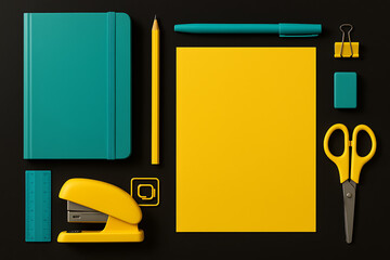 Modern stylish stationery mockup set with vibrant yellow and teal office tools on black background flat lay concept for branding or web design promotion