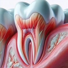 Close-up detail of a human tooth showing enamel, dentin, and root structure