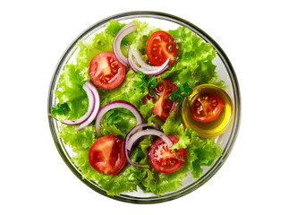 Fresh green salad with tomatoes red onion and olive oil dressing, On Transparent Background, Png