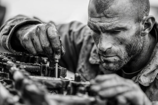 Gritty mechanic repairing a massive diesel engine, grease-stained hands and clothes, authentic workshop environment,