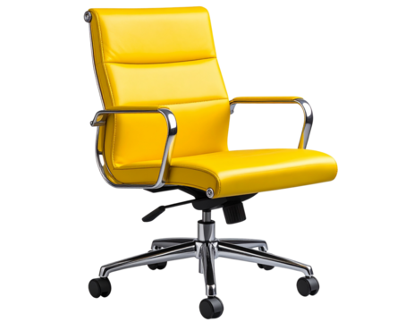 Elegant ergonomic office chair with yellow leather seat and chrome base — isolated on transparent white background PNG