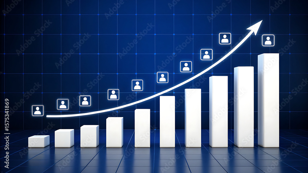 Poster conceptual visualization of business growth and increasing employee count represented by a rising ba
