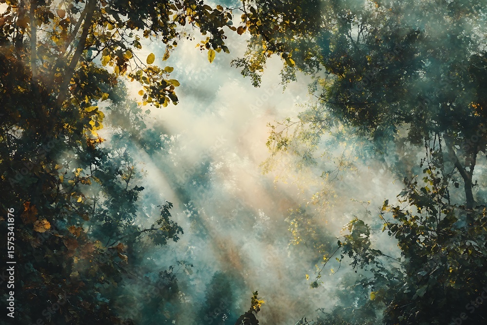 Aufkleber sunlight streams through branches, creating ethereal misty patterns inside of a dense forest canopy