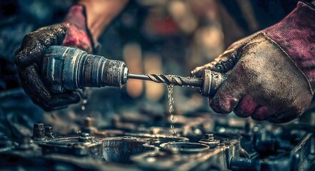 Close up of gloved hands using a power drill to work on a greasy mechanical engine part with dripping oil