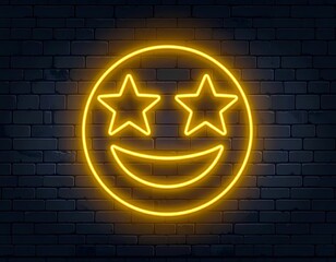 Star Eyes Emoji Neon Icon Outline on Brick Wall