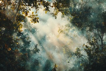 Obraz premium Sunlight streams through branches, creating ethereal misty patterns inside of a dense forest canopy