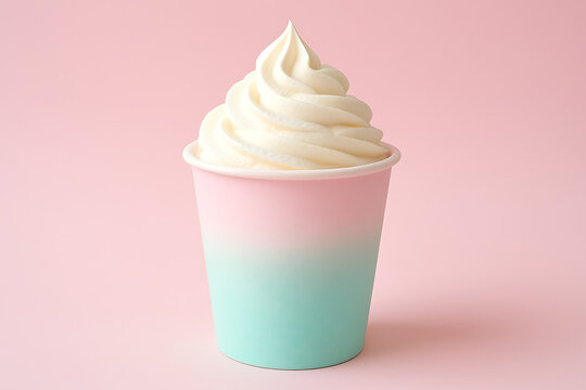 Whipped soft ice cream mockup in pastel pink and teal paper cup on light background perfect for dessert branding product packaging or sweet treat promotion - Powered by Adobe