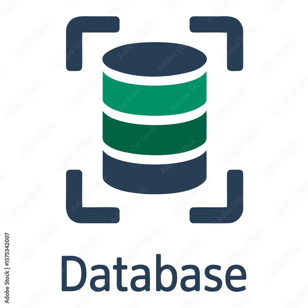 Poster illustration of a database icon with green and blue layers and a square frame around it