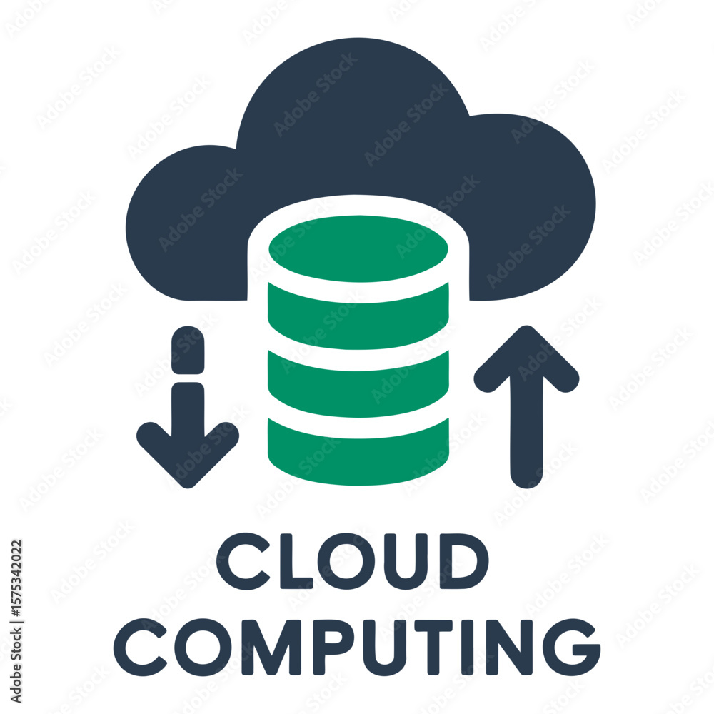 Poster illustration of a dark cloud above a green database with arrows and cloud computing text