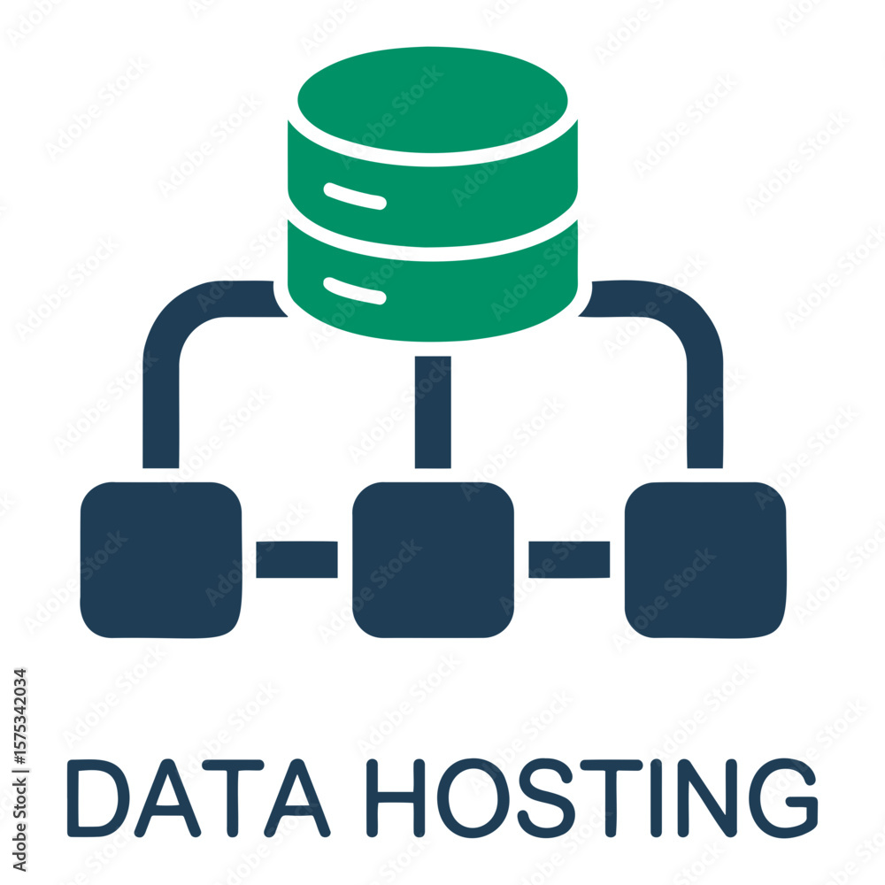Poster illustration of a green database connected to three blue servers representing data hosting