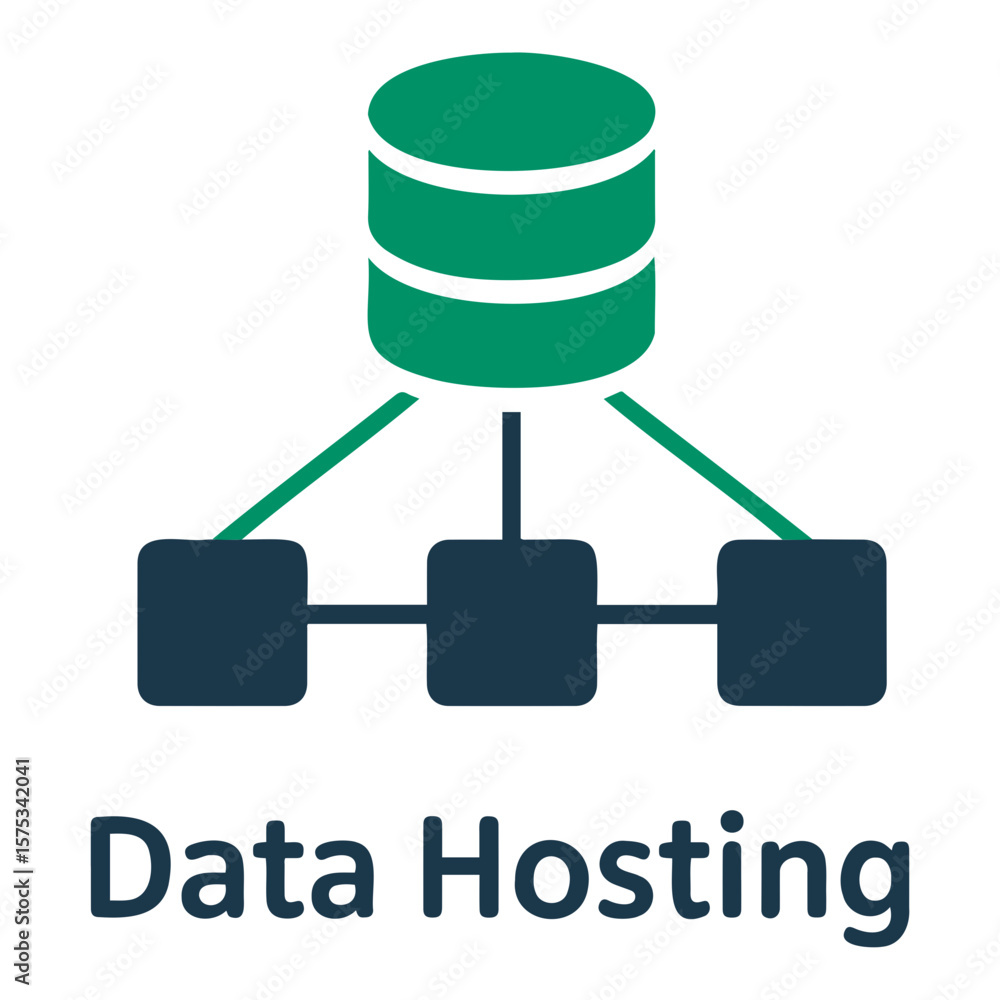 Poster illustration of a green database connected to three dark blue servers with lines representing networ