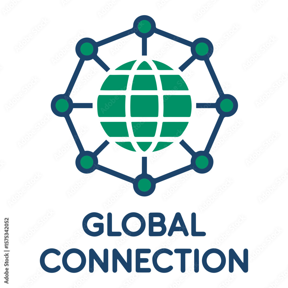 Poster illustration of global connection with a green grid globe surrounded by connected blue nodes design