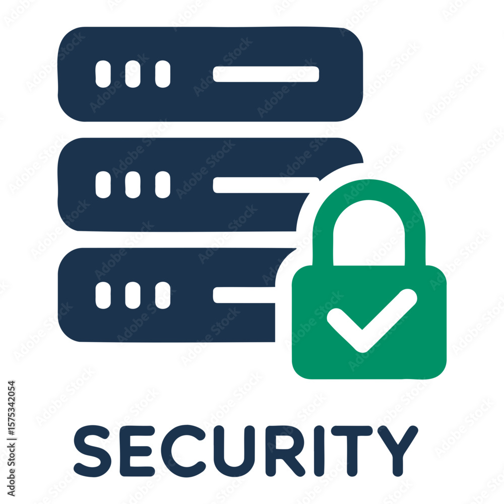 Poster illustration of a server stack with a green padlock and the word security below it all