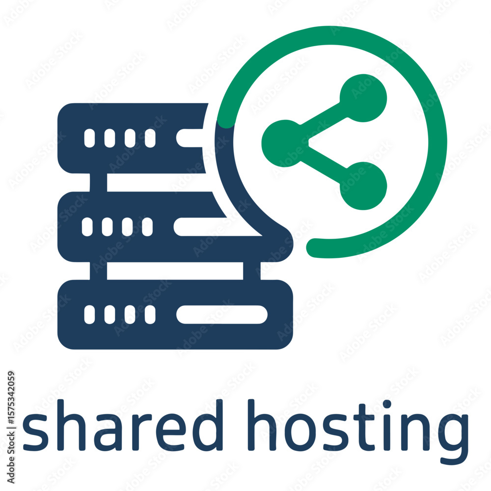 Aufkleber illustration of a server stack with a sharing icon overlay, representing shared hosting services onl