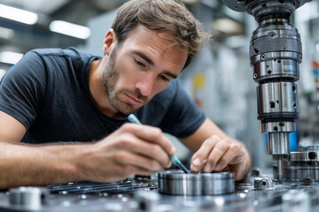 Skilled machinist measuring metal components with precision tools, hands-on work, industrial details,