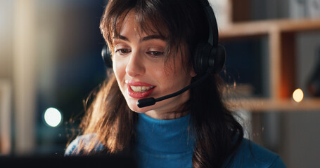 Woman, call center and headset for communication at night for advice, help desk and freelance...